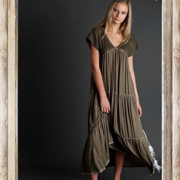 Khaki Brown Short Sleeve Tiered Maxi Dress! - Picture 2 of 3